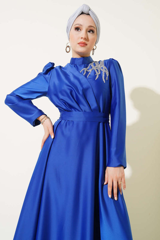 Satin Evening Dress with Shoulder Stones in Saxe