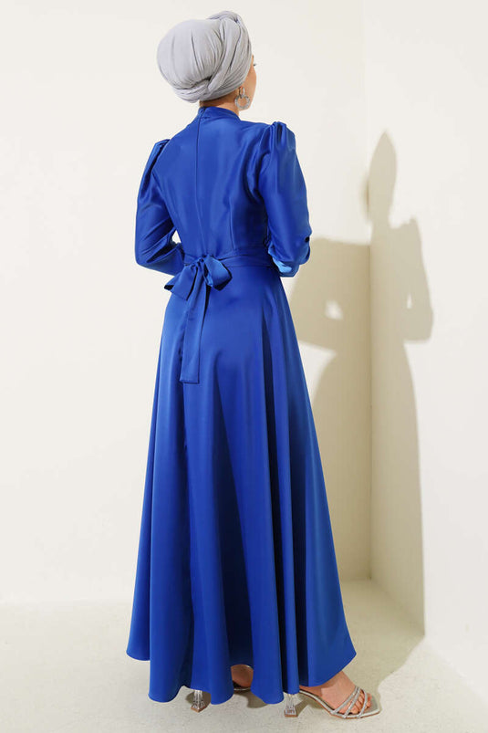 Satin Evening Dress with Shoulder Stones in Saxe