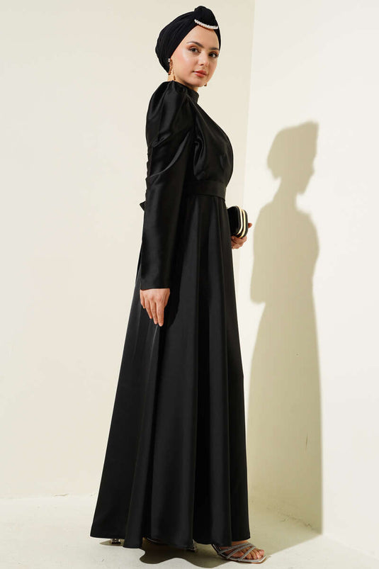 Satin Evening Dress with Shoulder Stones, Black