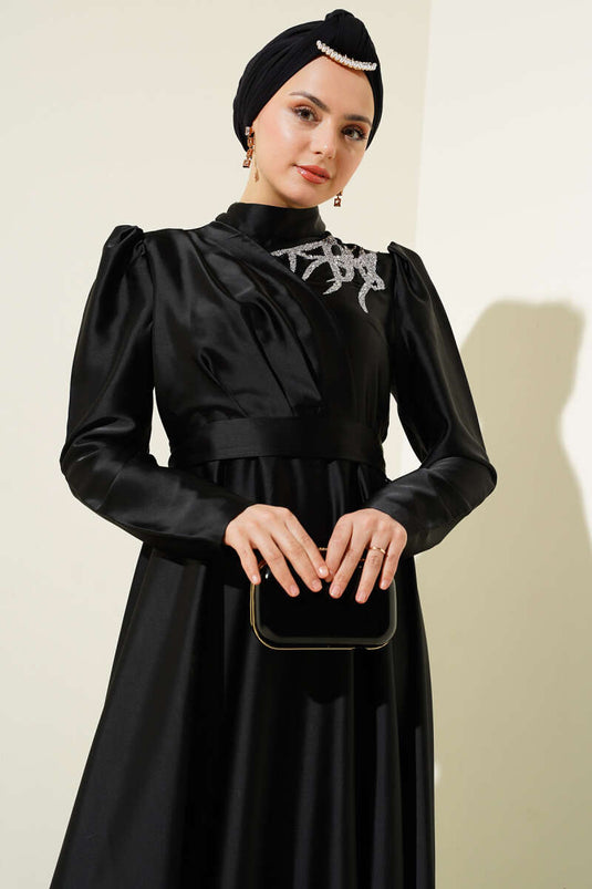 Satin Evening Dress with Shoulder Stones, Black