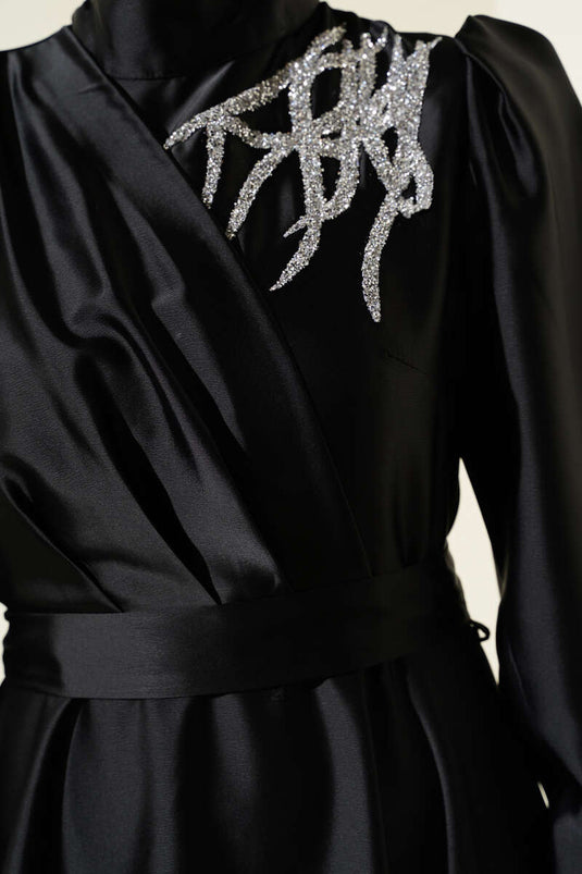 Satin Evening Dress with Shoulder Stones, Black