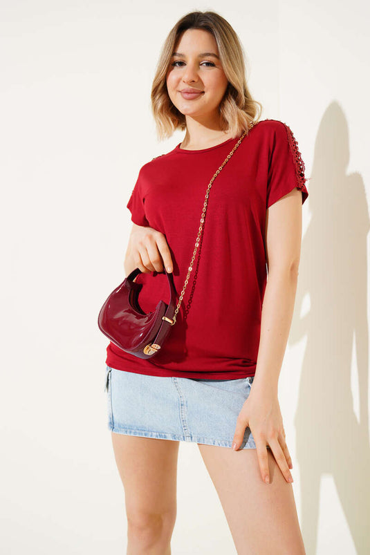 Omuz Taşlı T-shirt Bordo