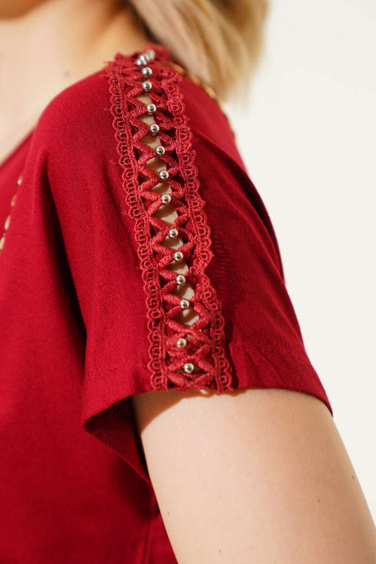 Omuz Taşlı T-shirt Bordo