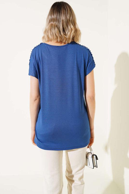 Omuz Taşlı T-shirt İndigo