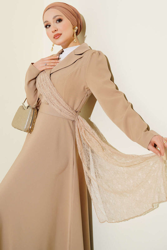 Robe croisée à col en tulle beige