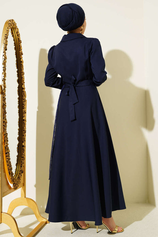 Robe croisée à col en tulle bleu marine