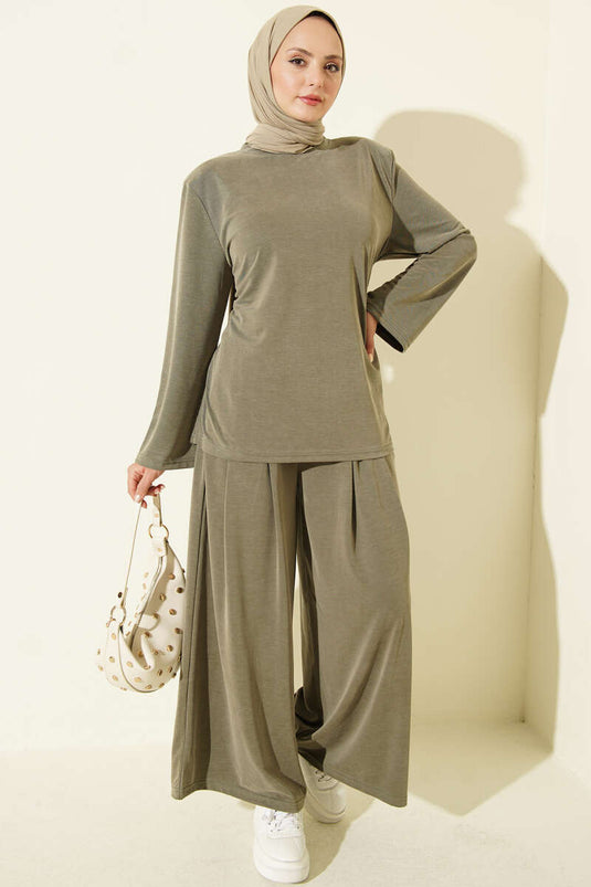 Ensemble Deux Pièces Tencel Avec Épaule Rembourrée Et Ceinture En Kaki