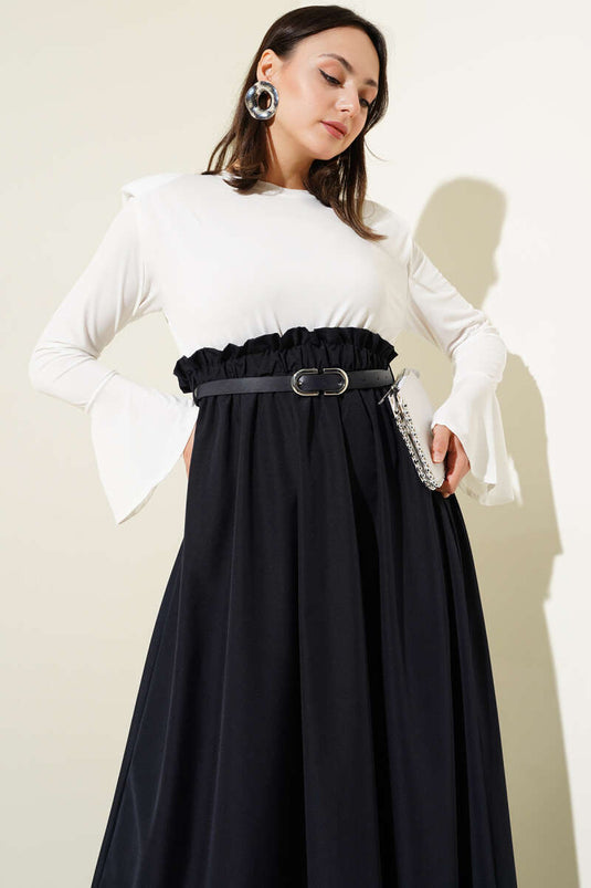 Omuz Vatkalı Bel Lastikli Kemerli Elbise Lacivert