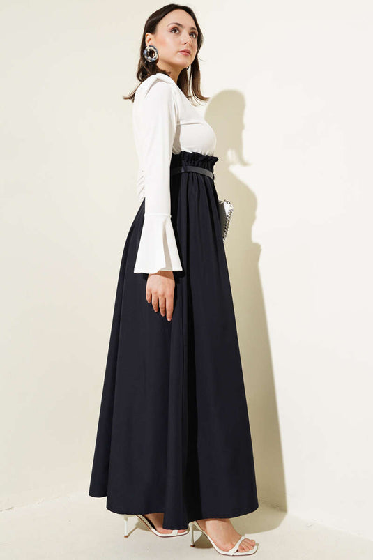 Omuz Vatkalı Bel Lastikli Kemerli Elbise Lacivert