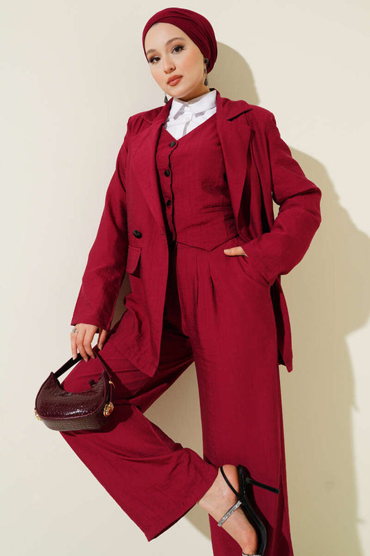 Omuz Vatkalı Ceketli Yelekli Üçlü Takım Bordo