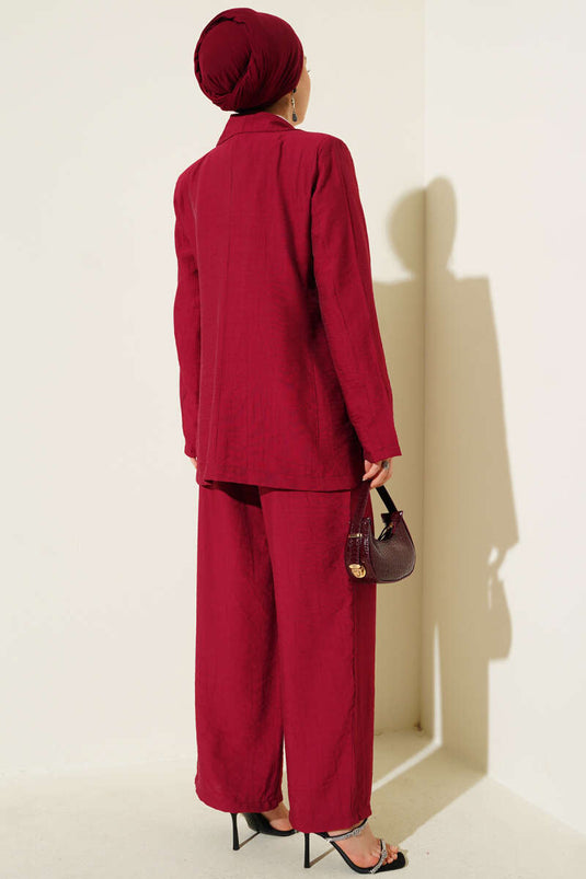 Omuz Vatkalı Ceketli Yelekli Üçlü Takım Bordo