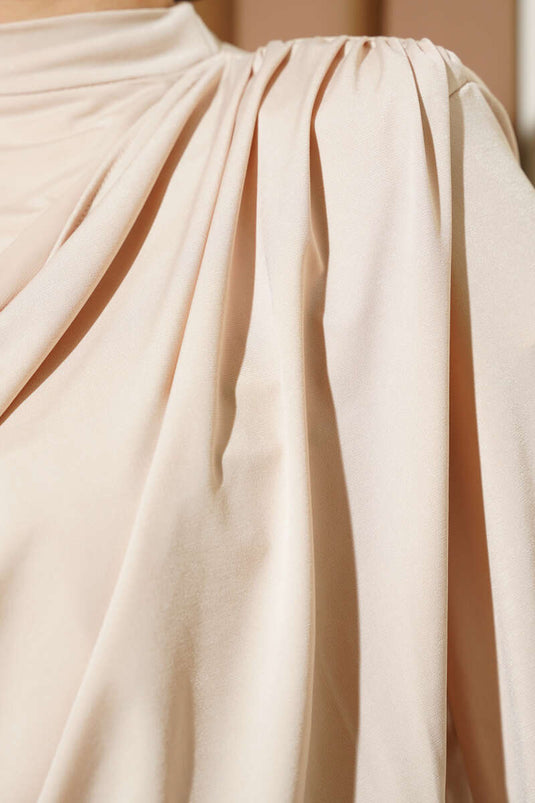 Shoulder Padded Cowl Neck Sandy Blouse Beige