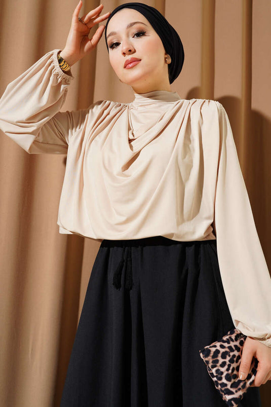 Shoulder Padded Cowl Neck Sandy Blouse Beige