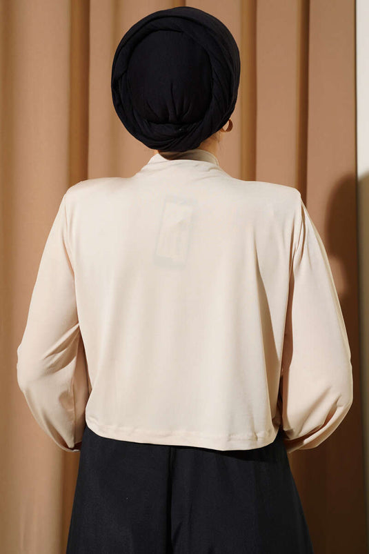 Shoulder Padded Cowl Neck Sandy Blouse Beige