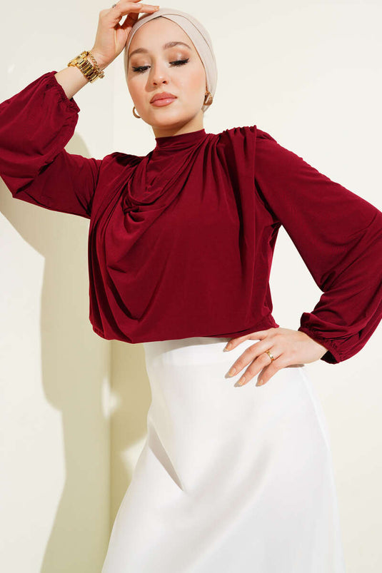Omuz Vatkalı Degaje Yaka Sandy Bluz Bordo