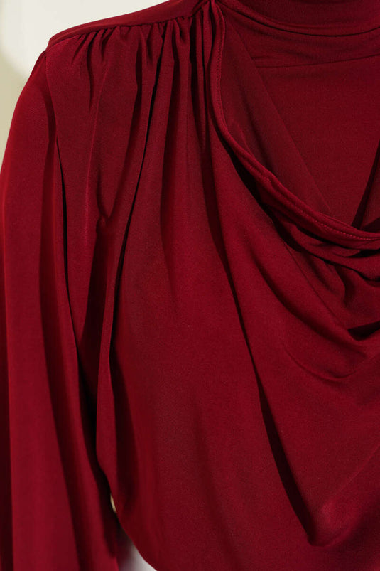 Omuz Vatkalı Degaje Yaka Sandy Bluz Bordo