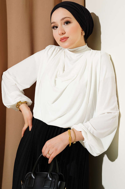 Shoulder Padded Cowl Neck Sandy Blouse Ecru