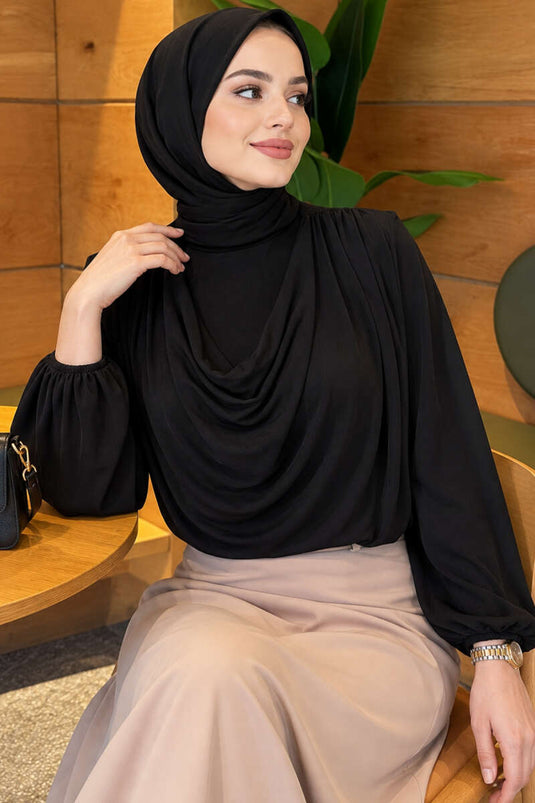 Shoulder Padded V-Neck Sandy Blouse Black