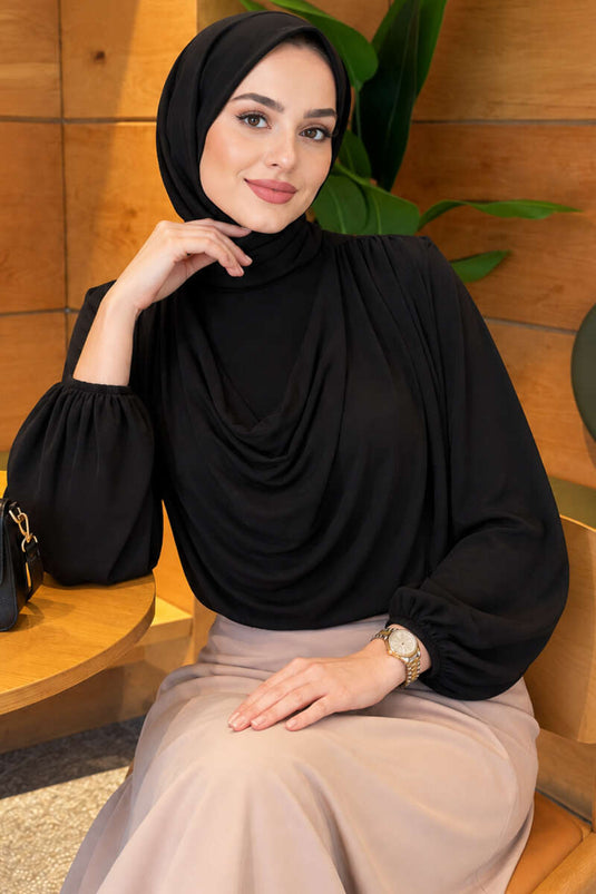 Shoulder Padded V-Neck Sandy Blouse Black
