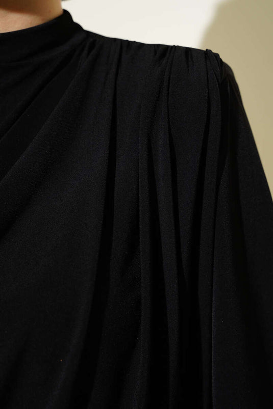 Shoulder Padded Cowl Neck Sandy Blouse Black