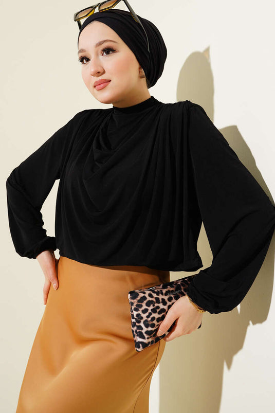 Shoulder Padded Cowl Neck Sandy Blouse Black