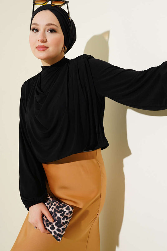 Shoulder Padded Cowl Neck Sandy Blouse Black