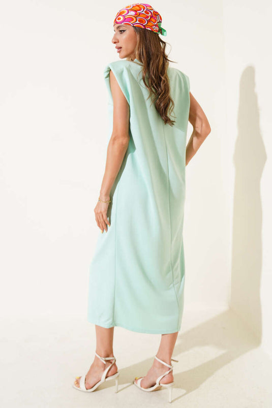 Sleeveless Midi Dress with Shoulder Pads, Mint