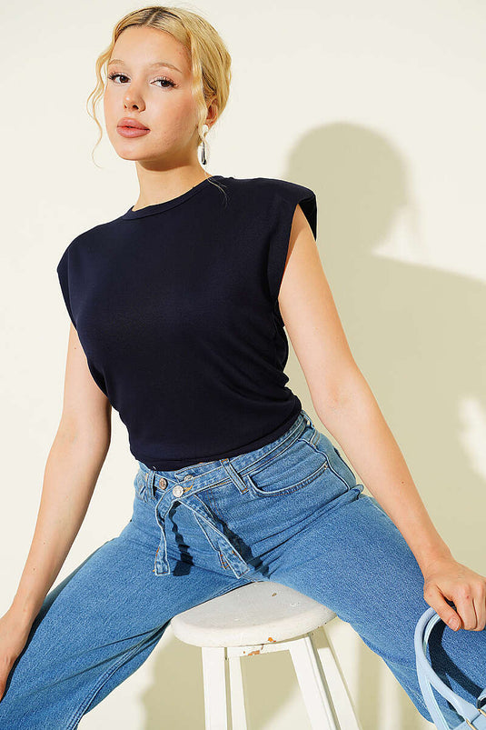 Omuz Vatkalı Loyşa T-shirt Lacivert
