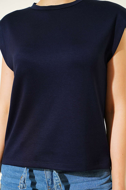 Omuz Vatkalı Loyşa T-shirt Lacivert