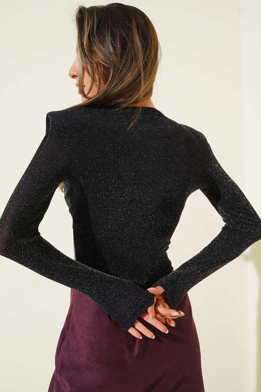 Omuz Vatkalı Simli Bluz Siyah