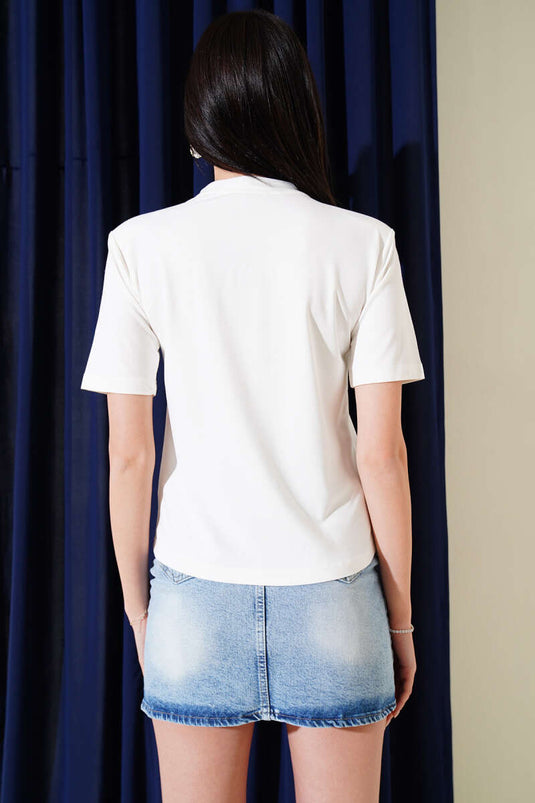 Shoulder Padded Half Zipper T-shirt Ecru