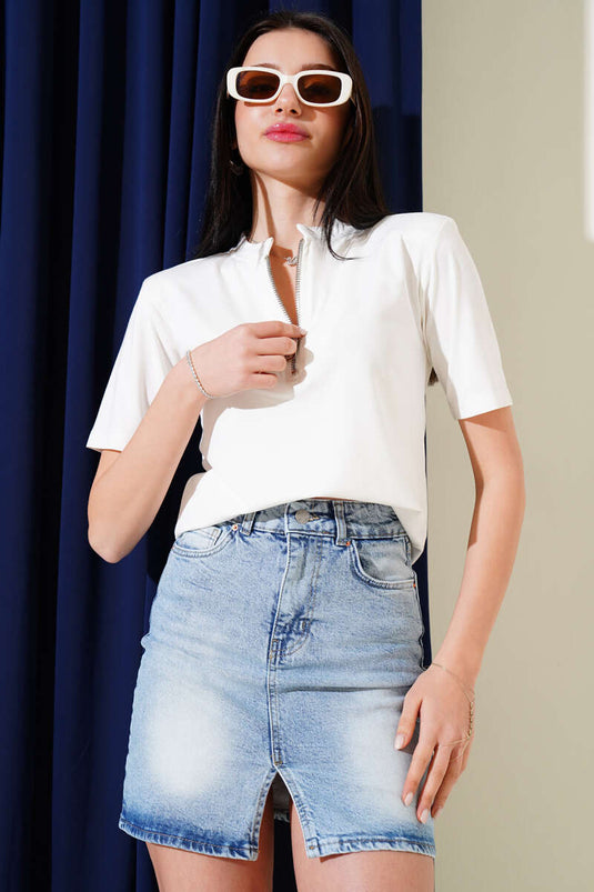 Shoulder Padded Half Zipper T-shirt Ecru