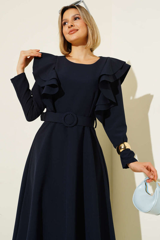 Omuz Volanlı Kemerli Elbise Lacivert