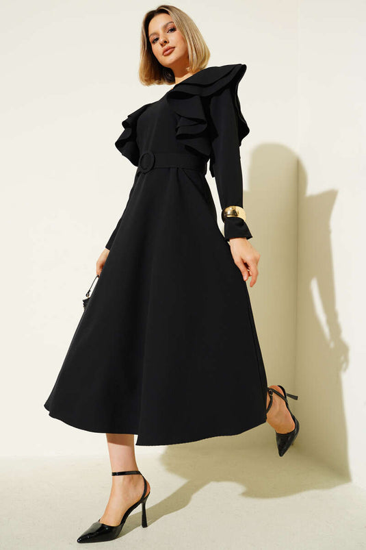 Black Shoulder Ruffled Belted Dress