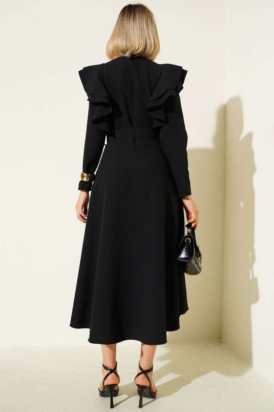 Omuz Volanlı Kemerli Elbise Siyah