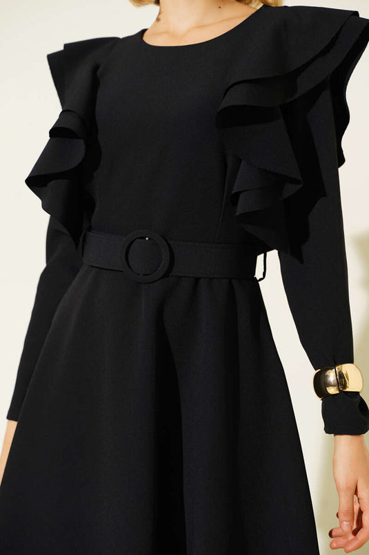 Black Shoulder Ruffled Belted Dress