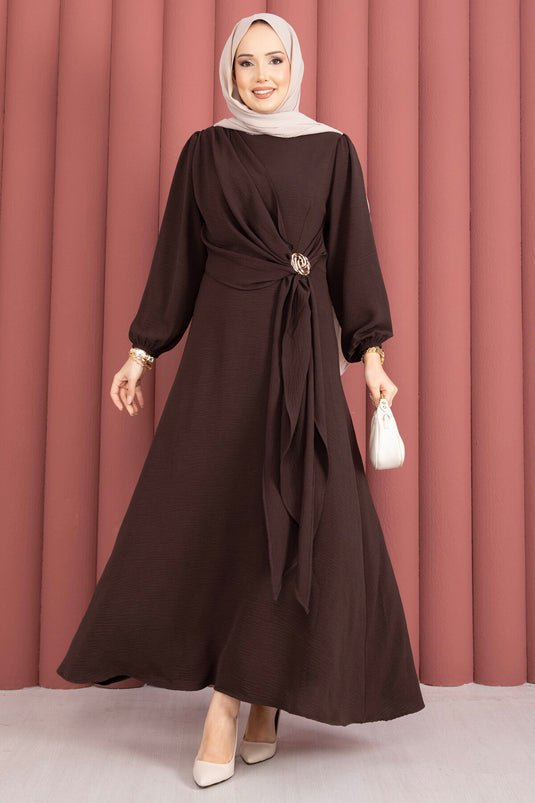 Shoulder-Allergic Side-Tied Modest Dress Brown