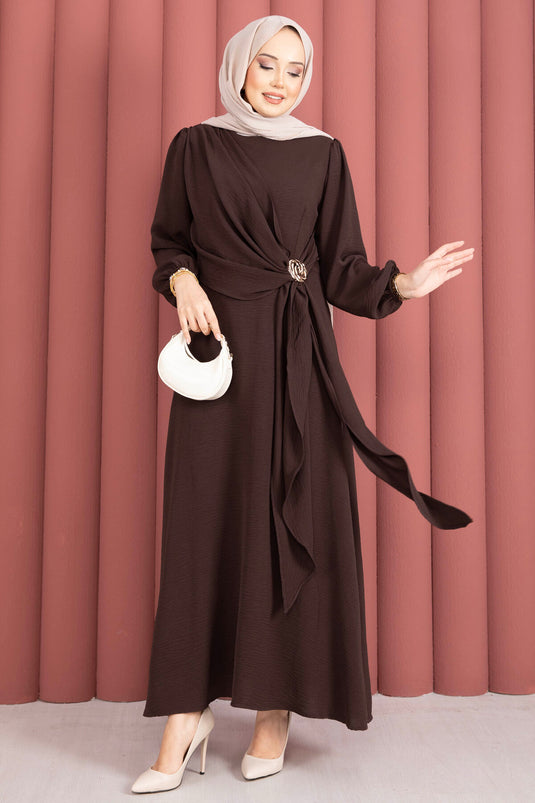 Robe Tesettür à nouer sur le côté avec bretelles, couleur café