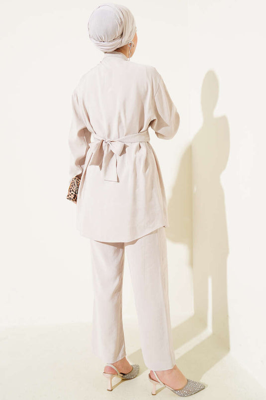 Shoulder Tie Tencel Two Piece Set Beige