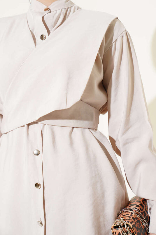 Shoulder Tie Tencel Two Piece Set Beige