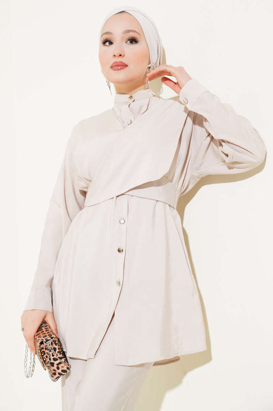 Shoulder Tie Tencel Two Piece Set Beige