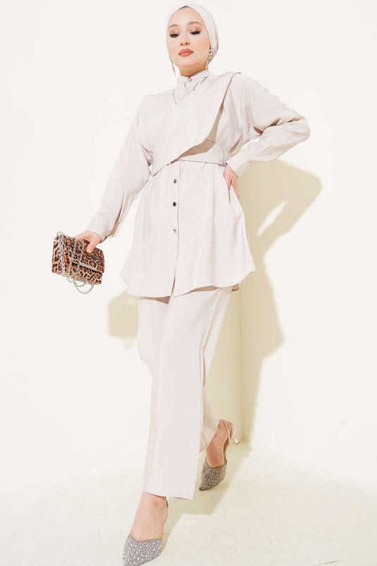 Shoulder Tie Tencel Two Piece Set Beige