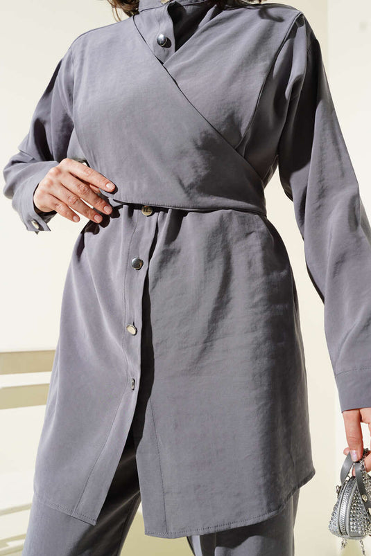 Abito due pezzi in tencel con spalle annodate fumo