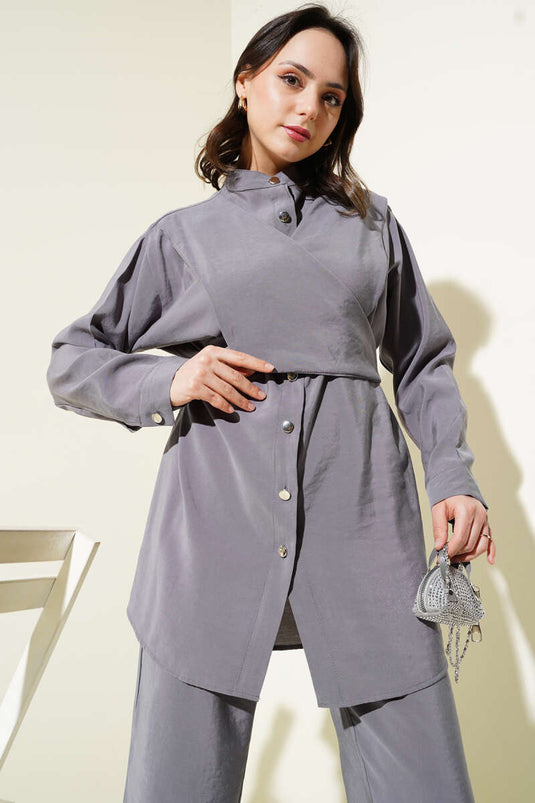 Abito due pezzi in tencel con spalle annodate fumo