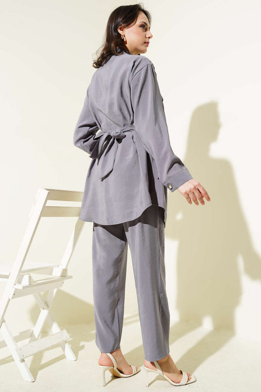 Abito due pezzi in tencel con spalle annodate fumo