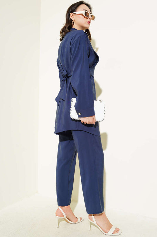 Shoulder Tie Tencel Two Piece Suit Navy Blue