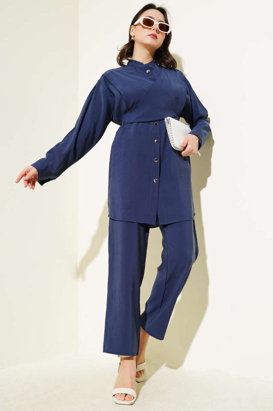 Shoulder Tie Tencel Two Piece Suit Navy Blue