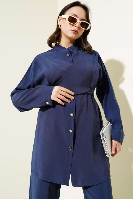 Shoulder Tie Tencel Two Piece Suit Navy Blue