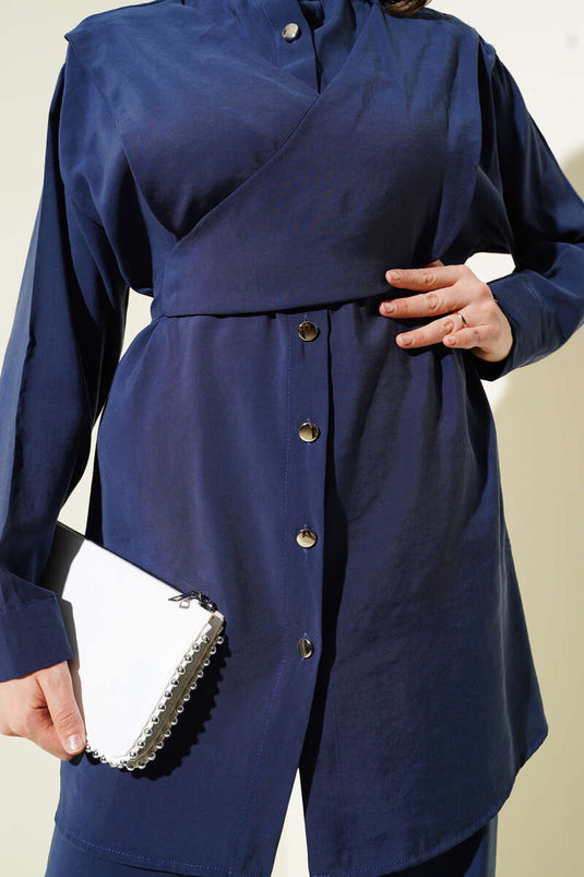 Shoulder Tie Tencel Two Piece Suit Navy Blue