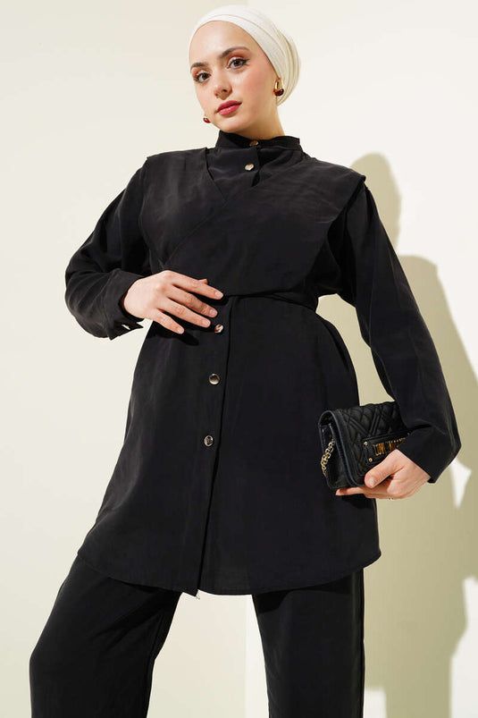 Shoulder Tie Tencel Two Piece Suit Black